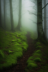 Wall Mural - foggy morning in green forest generative ai