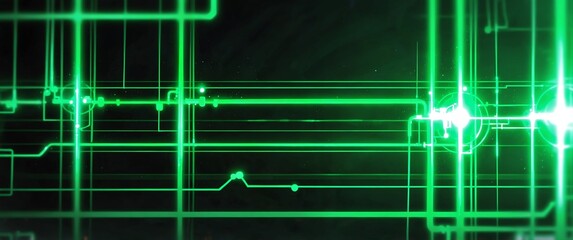 Wall Mural - green circuit neon light connections theme abstract background with copy space for banner