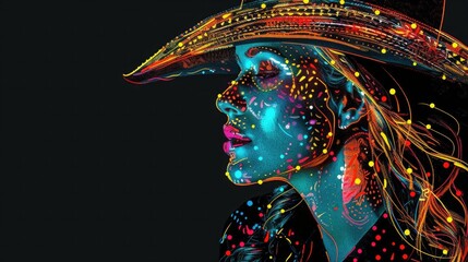 Wall Mural - Partying woman portrait with Rhinestone Cowboy style. Isolated black background. Generative AI.