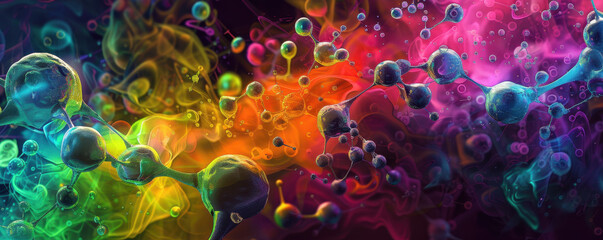 abstract molecular structures, vibrant color palette, psychedelic style, dynamic composition, digita