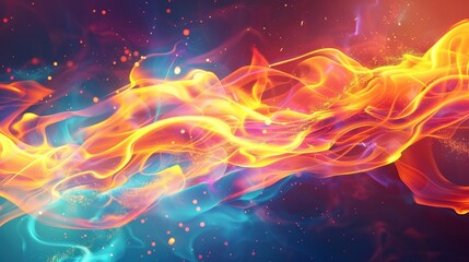 Wall Mural - Vivid fire shapes and ethereal light beams in a vibrant abstract background