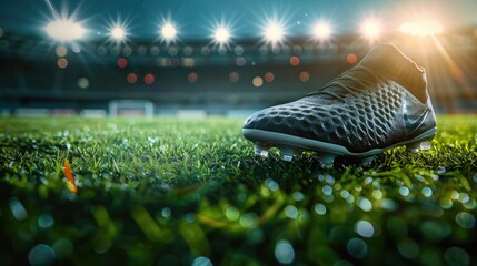Professional soccer shoes cleats close-up on green grass with an outdoor stadium in the background. It's a great illustration for advertising or promotional materials.