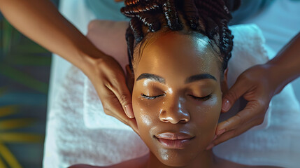 Wall Mural - A young African American woman closes her eyes in relaxation while receiving a soothing head massage