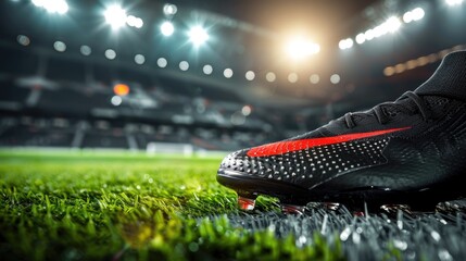 Professional soccer shoes cleats close-up on green grass with an outdoor stadium in the background. It's a great illustration for advertising or promotional materials.
