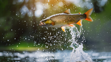 Carp fish leaping out of water with splashes and blurred background