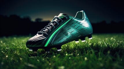 Professional soccer shoes cleats close-up on green grass with an outdoor stadium in the background. It's a great illustration for advertising or promotional materials.