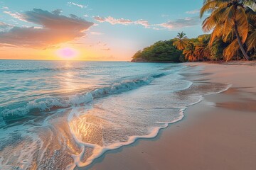 A pristine beach at sunset with golden sands, palm trees swaying in the breeze, and the sun casting a warm glow over the calm turquoise water. 