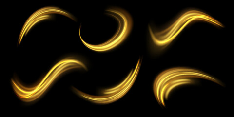 Wall Mural - golden shiny spiral wave. curved yellow line twirl. glittering wavy trail. swirling dynamic neon cir