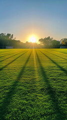 Poster - Empty Sports Field with Vibrant Green Turf at Sunset  