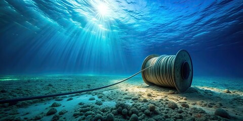 Wall Mural - Wide-angle image of fiber optic cable on ocean floor illuminated by ambient light, fiber optic, cable, ocean