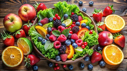 Wall Mural - A vibrant and colorful arrangement of assorted fruits and fresh salad greens , healthy, food, nutrition, organic, diet