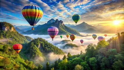 Wall Mural - Colorful hot air balloons flying over majestic mountains and lush forests, hot air balloons, colorful, flying, adventure
