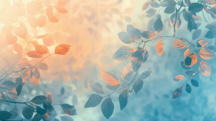 Wall Mural - Tranquil background with overlapping leaves pastel highlights and amber to blue gradient