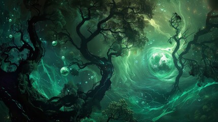Wall Mural - Liquid tree silhouettes with glowing orbs and a gradient from dark jade to bright emerald
