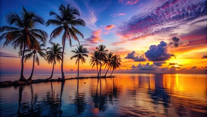 Wall Mural - Tranquil sea landscape with colorful sunset and silhouetted palm trees, ocean, water, tropical, paradise, horizon, scenic, nature