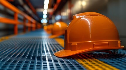 Wall Mural - A worker's orange hard hat is on a metal grate