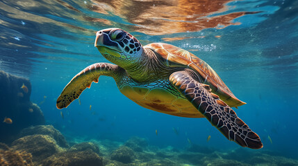 Wall Mural - Sea turtle swimming gracefully.