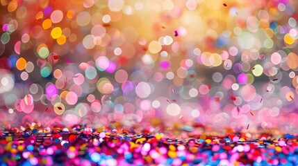 Wall Mural - Colorful confetti in front of colorful background with bokeh for carnival