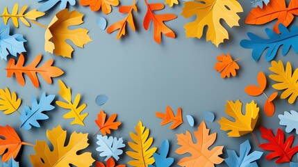 Poster - Colorful paper autumn leaves frame on gray background. Origami paper cut style fall leaves background. Top view