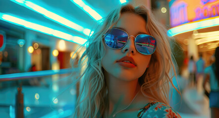 Wall Mural - A fashion film still of an attractive female model with blue sunglasses and colorful standing in front of a shopping mall, daylight, bright pastel colors