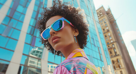 Wall Mural - A fashion film still of an attractive female model with blue sunglasses and colorful standing in front of a shopping mall, daylight, bright pastel colors
