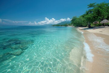 Wall Mural - A pristine beach with clear blue waters and an absence of litter, representing successful conservation efforts.