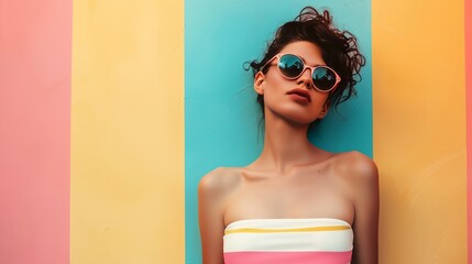 Wall Mural - a woman wearing sunglasses leaning against a wall