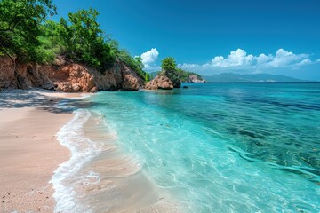 Wall Mural - A pristine beach with clear blue waters and an absence of litter, representing successful conservation efforts.