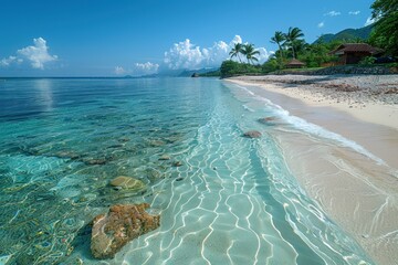 Wall Mural - A pristine beach with clear blue waters and an absence of litter, representing successful conservation efforts.