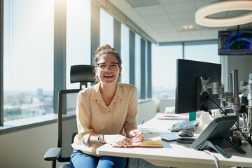 Poster - Woman, notebook and desk with portrait, smile and pen with sunlight in office for finance manager. Accountant, budget and bookkeeping for audit or tax in company, professional and female person