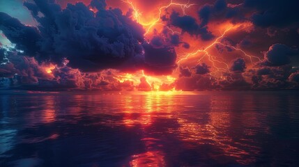 lightning sparkles over the sea, beautiful flash, thunder, night, dusk, mysterious atmosphere, 3d illustration