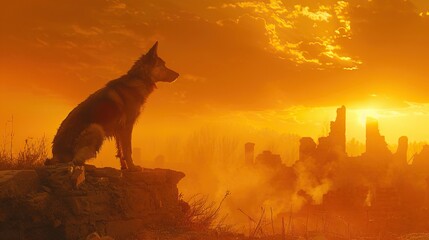 A dog sits on a rock overlooking a post-apocalyptic cityscape at sunset, enveloped in an orange glow, with smoke and ruins in the background.