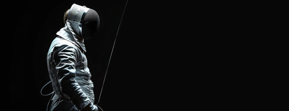 Side view, composite image, graceful white fencer holding fencing mask and sword, isolated black background, ample copy space, pristine and powerful