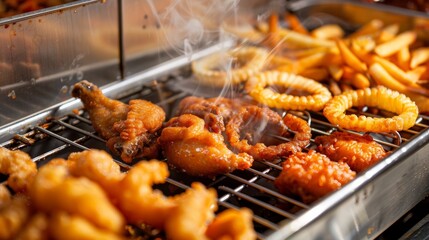 Deep fryer filled with various fried foods: fries, chicken wings, onion rings, all sizzling and golden, detailed and vibrant, appetizing display