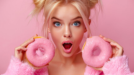 Surprised blonde woman showing two pink donuts on pink background