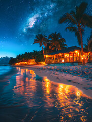 Wall Mural - Tropical beach bar reflecting on the ocean under the milky way