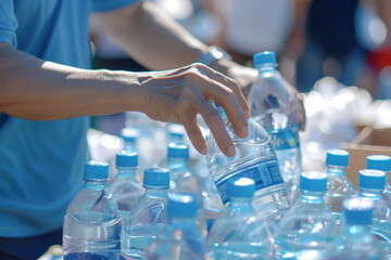 Volunteer gives out water bottles on a hot day, helping people stay hydrated and promoting community wellness