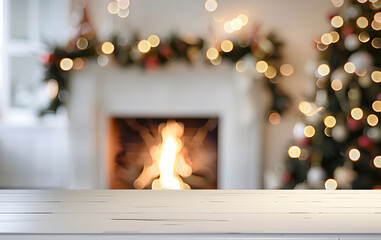 Wall Mural - White tabletop with fireplace and christmas tree on blurred background with bokeh. Backdrop for mockup and promotion design.