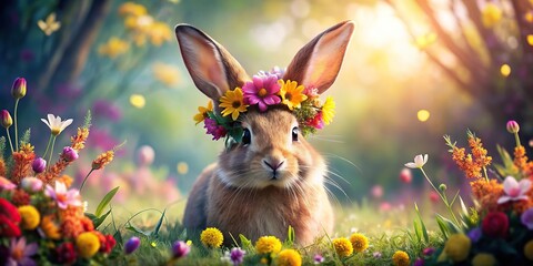 Wall Mural - Fantasy rabbit with floral crown surrounded by vibrant flowers , fantasy, rabbit, flower, crown, vibrant, colorful