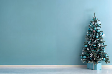 Wall Mural - Decorated Christmas tree against blue wall. Empty wall scene mockup. Promotion background.