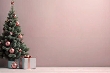 Wall Mural - Decorated Christmas tree with ornaments and gift. Empty beige wall scene mockup. Promotion background.