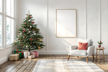 Wall Mural - Blank wooden vertical frame for wall art mock up in minimalist living room with Christmas tree and winter decor.