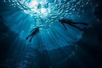 Wall Mural - 2 people swimming underwater in a deep blue ocean. They wear dark wetsuits in the peaceful scene. Natural light filters through the water surface. It has a high-resolution photographic