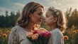 © JohnDesignHub - Older woman and child holding flowers in field