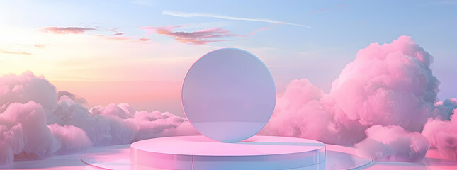 Wall Mural - 3D render, abstract background with pink and blue sky, round podium on clouds in the air, scene for product presentation mock up
