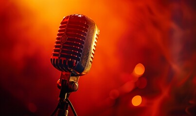 Classic vintage microphone in focus with a fiery orange and red background