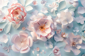 Wall Mural - A 3D render of pastel paper flowers creating an elegant, blooming wall. Perfect for Valentine's Day, Easter, Mother's Day, or wedding cards, this digital illustration in paper art style captures the