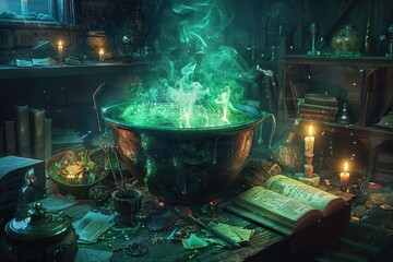 A witch's cauldron filled with a bubbling green potion, surrounded by spellbooks, candles, and various magical ingredients in a dark, cluttered room