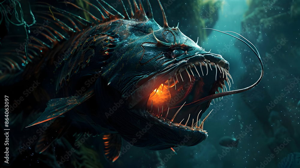 A mesmerizing deep-sea anglerfish glowing in the dark ocean depths with ...