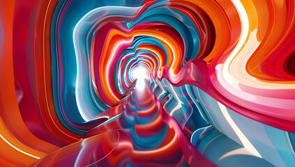 Wall Mural - 3d render of an abstract background with colorful lines and shapes, creating the illusion that they form spiral or tunnel effect. The design is symmetrical and creates visual depth 